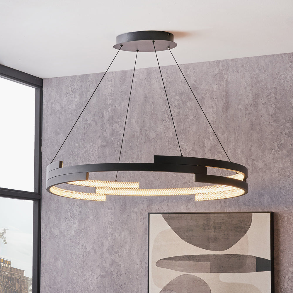 Sienna Matte Black & Crystal LED Ring Pendant Light